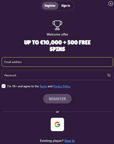 Great Slots Casino registration form with email, password and Google sign-in options
